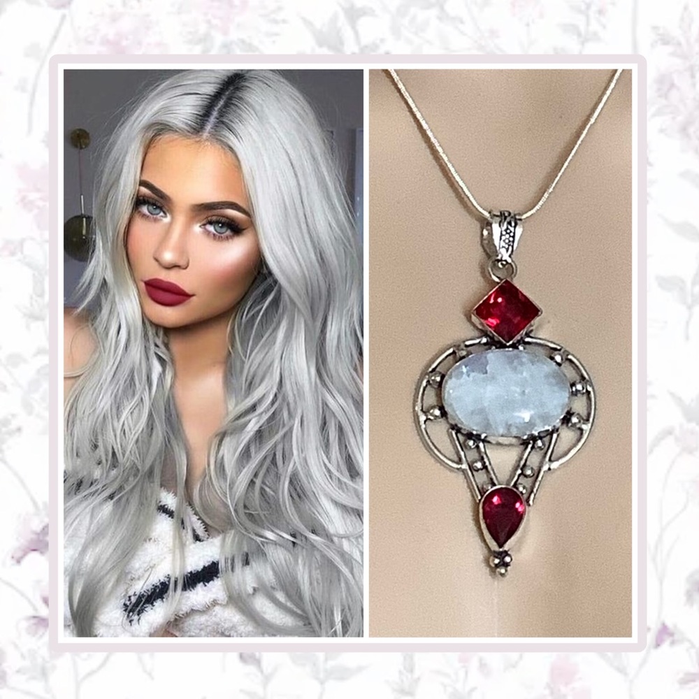🌺 VICTORIAN MOONSTONE RED RUBY NECKLACE PENDANT CELTIC GEM CRYSTAL VAMPIRE CHIC